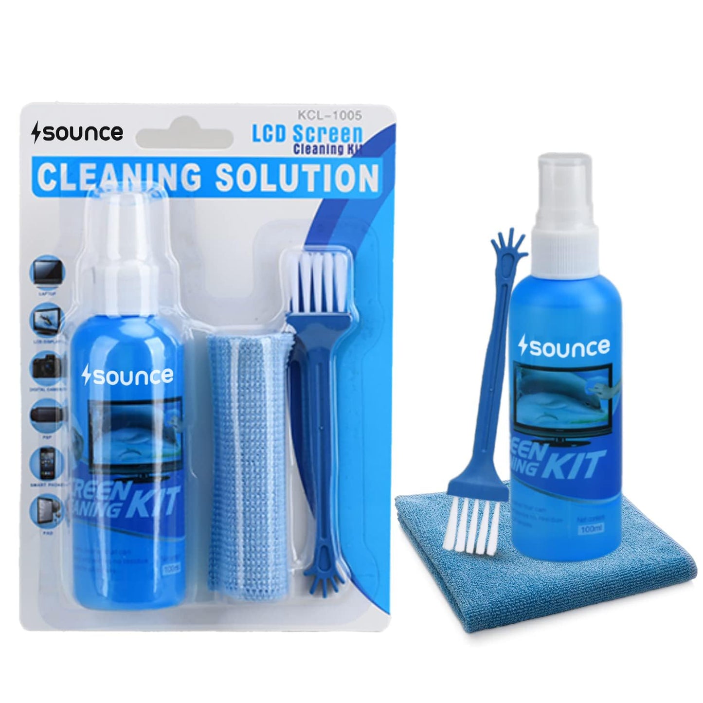 (open box)Sounce 2-in-1 Professional Screen Cleaning Kit Non-Toxic, Anti-Static for Camera, Lens, Binocular, Laptop, TV, Monitor, Smartphone, Tablet (Includes: Cleaning Liquid 500ml, Plush Microfiber Cloth)