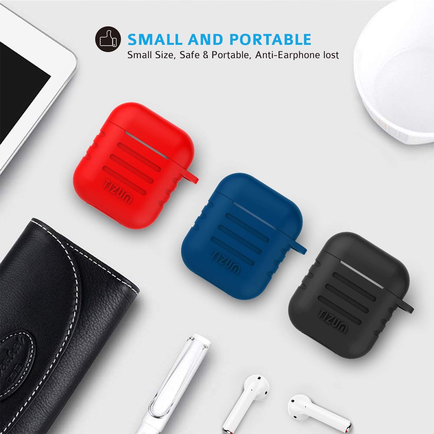 (Open Box) Tizum Apple AirPods Case Silicone-Shockproof Case Cover with Carabiner Hook for AirPod 2 | Black