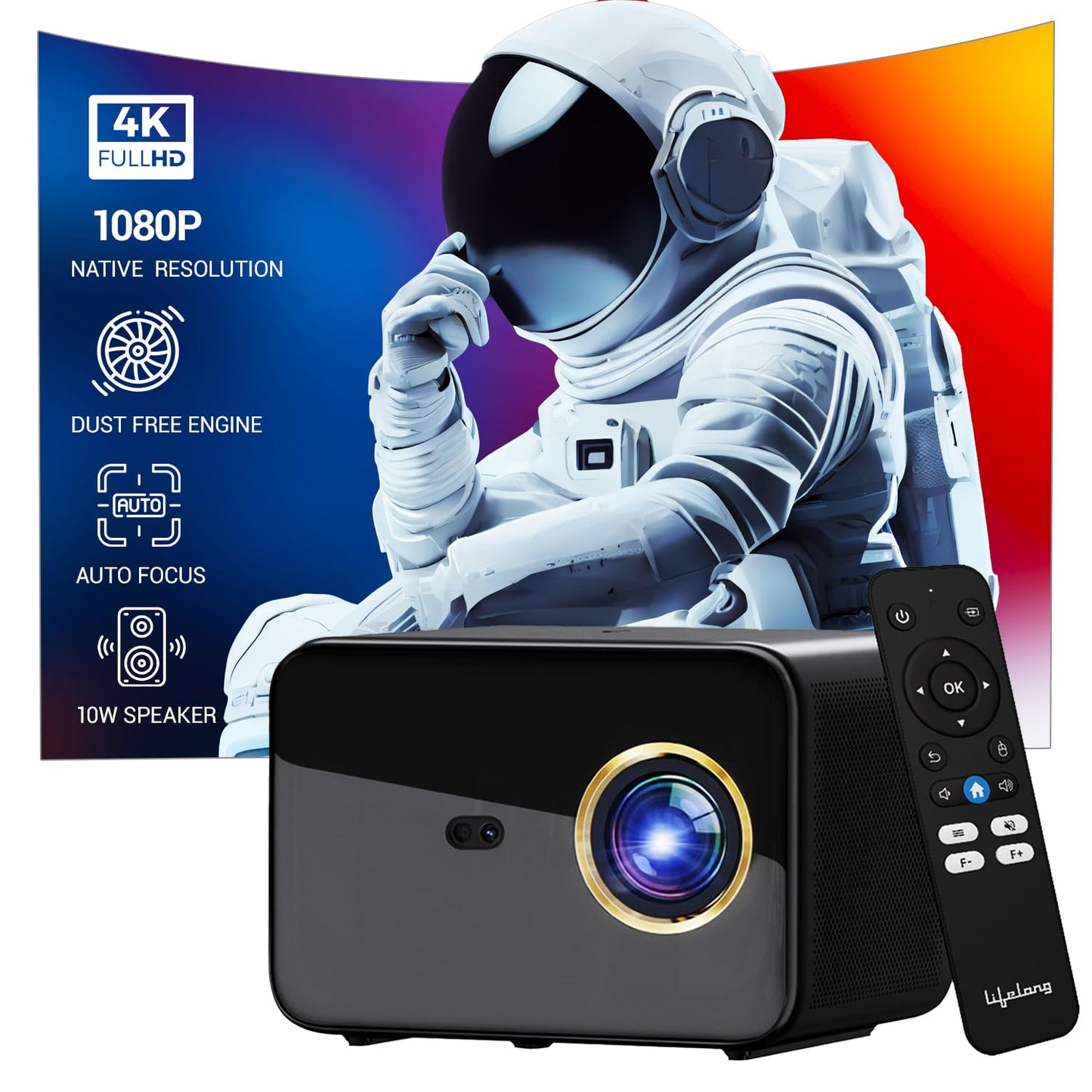 (Open Box) Lifelong Lightbeam Smart Projector for Home 4K Support, Native 720p HD Resolution, 2500 Lumen, Rotabable Design, Speaker, Android 11 with Built-in Apps (Netflix, Prime, Youtube) WiFi, 100''Max Display