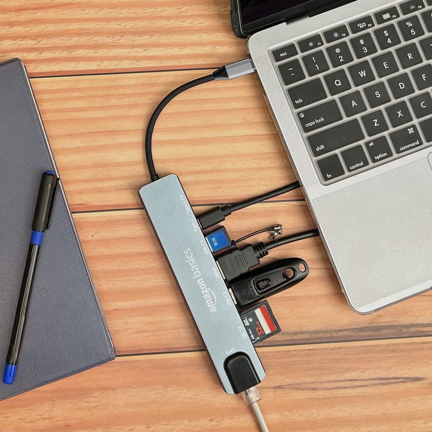 (Open Box) Amazon Basics USB-C Hub Dock 8-in-1 HDCP Aluminium Type-C Adapter with 4K HDMI Port, Ethernet 100mbps Port, USB 3.0 Port, USB-C Power Delivery, TF/SD Card Reader, Mac & Windows USB-C Devices