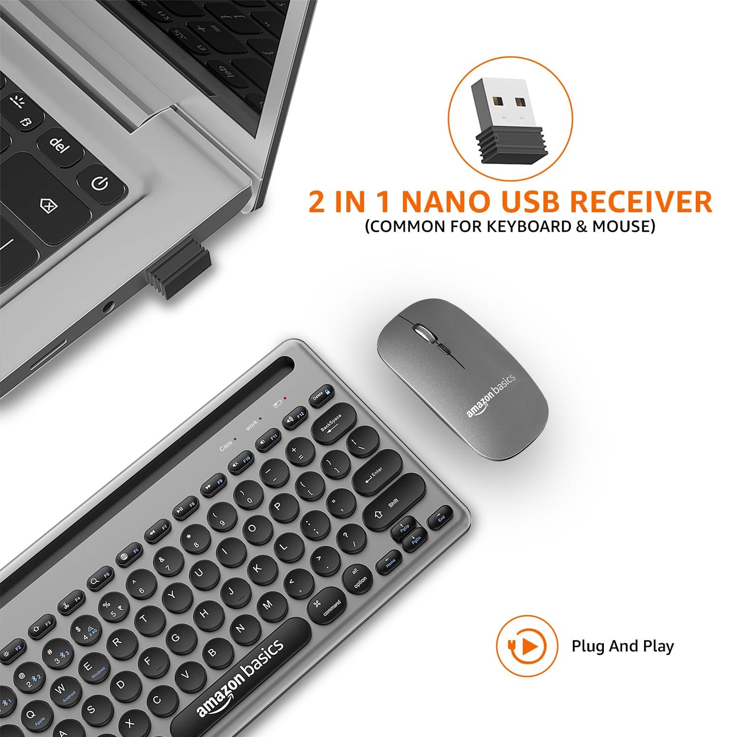 (Open Box) Amazon Basics USB Wireless Keyboard and Mouse Set with Nano Receiver