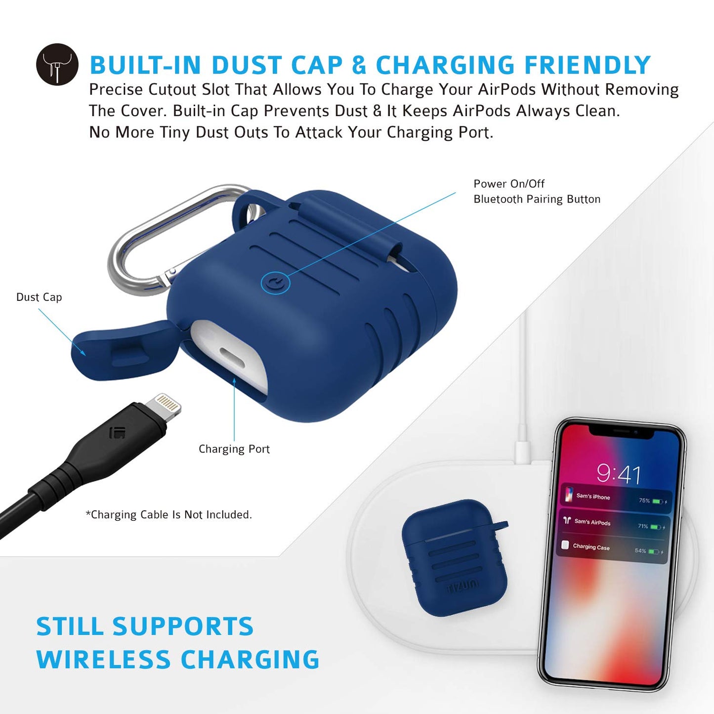 (Open Box) tizum Apple AirPods Case, Silicone-Shockproof Headphones Case Cover with Carabiner Hook for AirPod (Blue)
