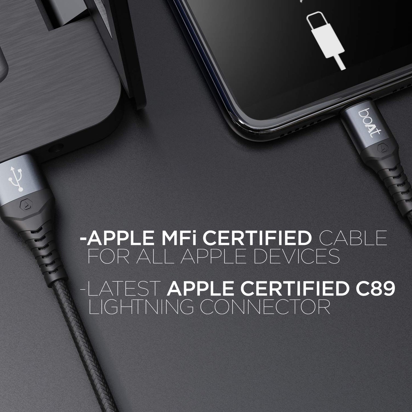 (Open box)boAt LTG 500 Apple MFI Certified for iPhone, iPad and iPod 2Mtr Data Cable(Metallic Silver)