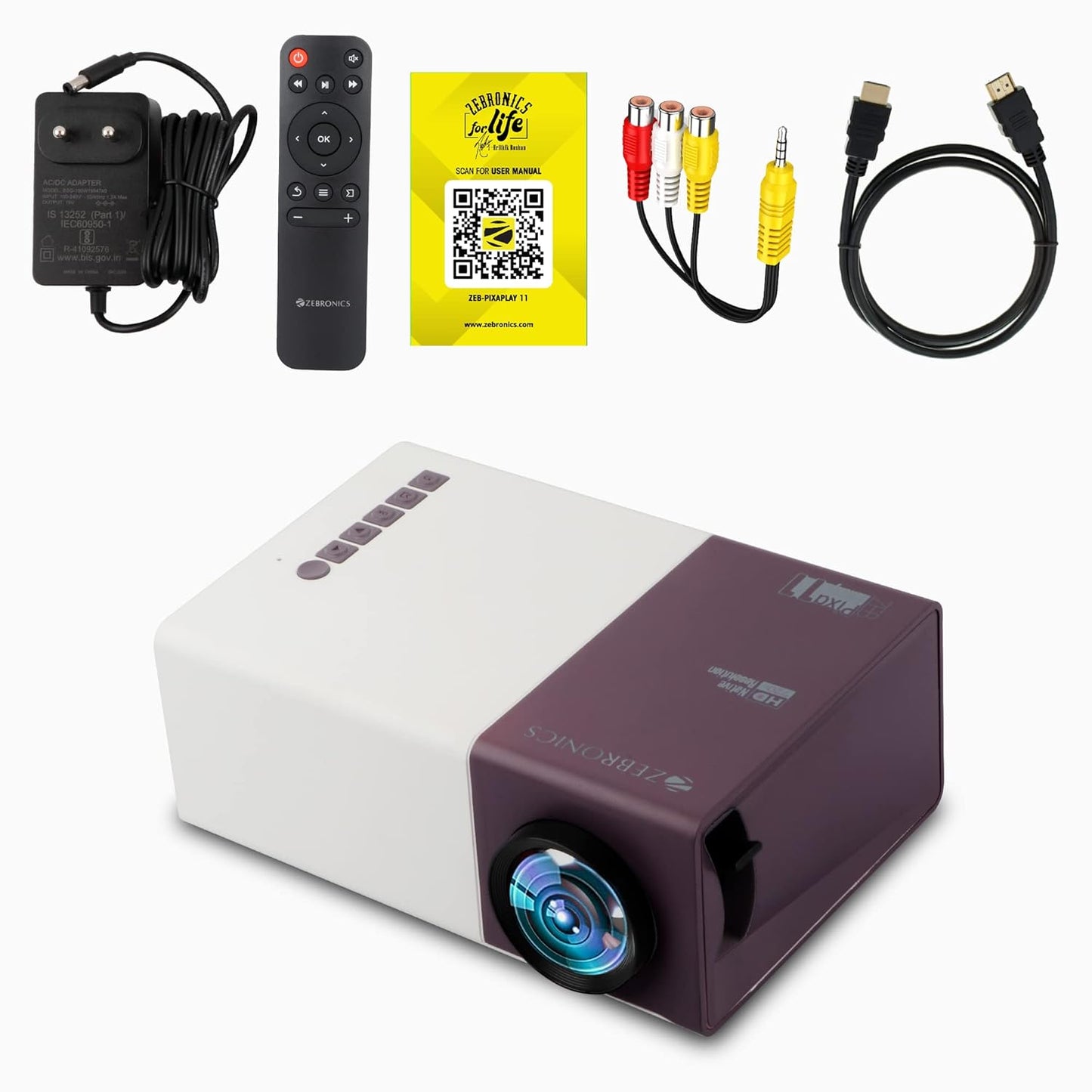 (Open Box) Zebronics Pixaplay 11 Portable LED Projector with FHD 1080p Support | 1500 Lumens | 150'' Large Screen | Dual Power Input,Built-in-Speaker, Remote Control and a Compact Design