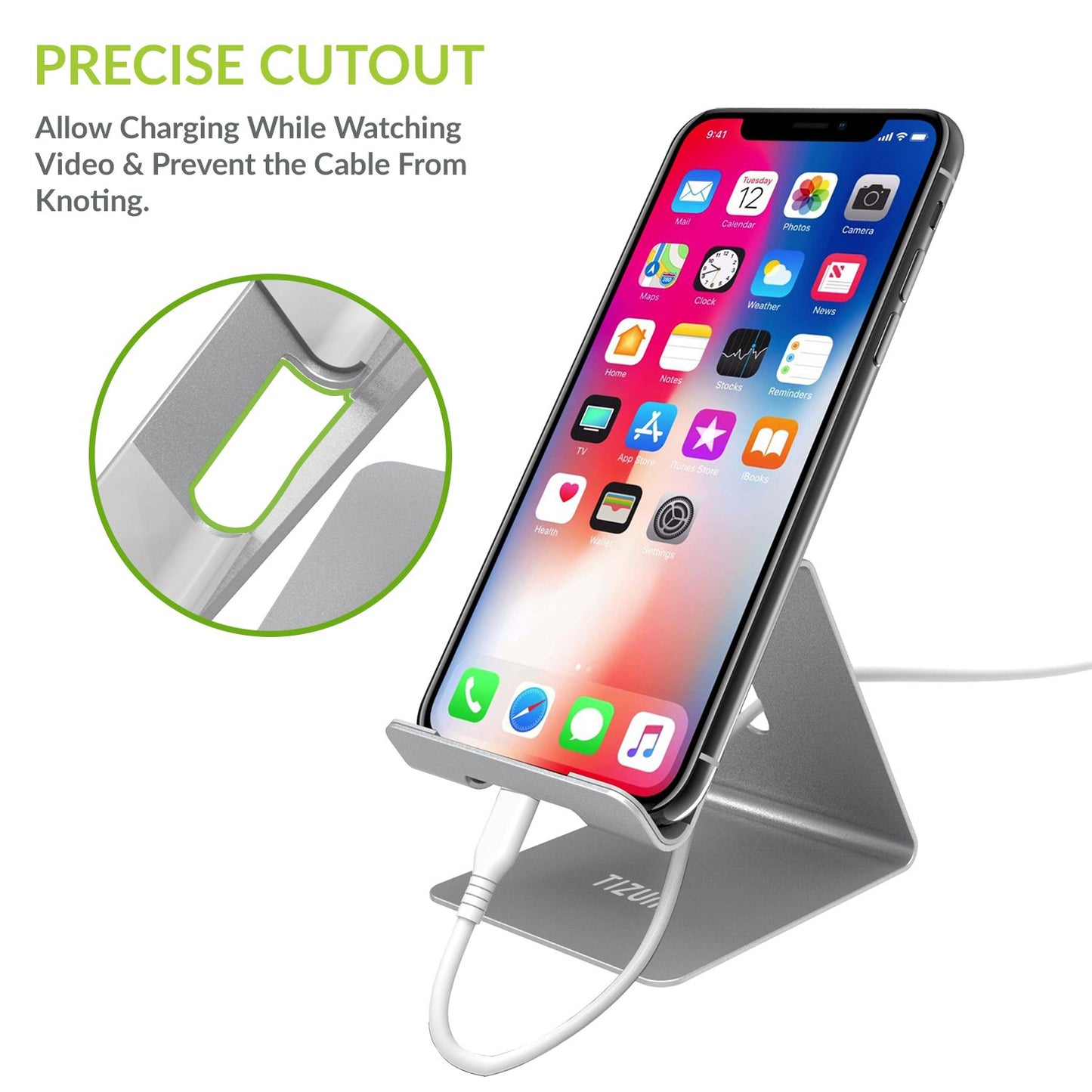 (Open Box) Tizum Aluminium Portable Stand with Convenient Charging Port Design for All Smartphone Mobile Holder - Silver