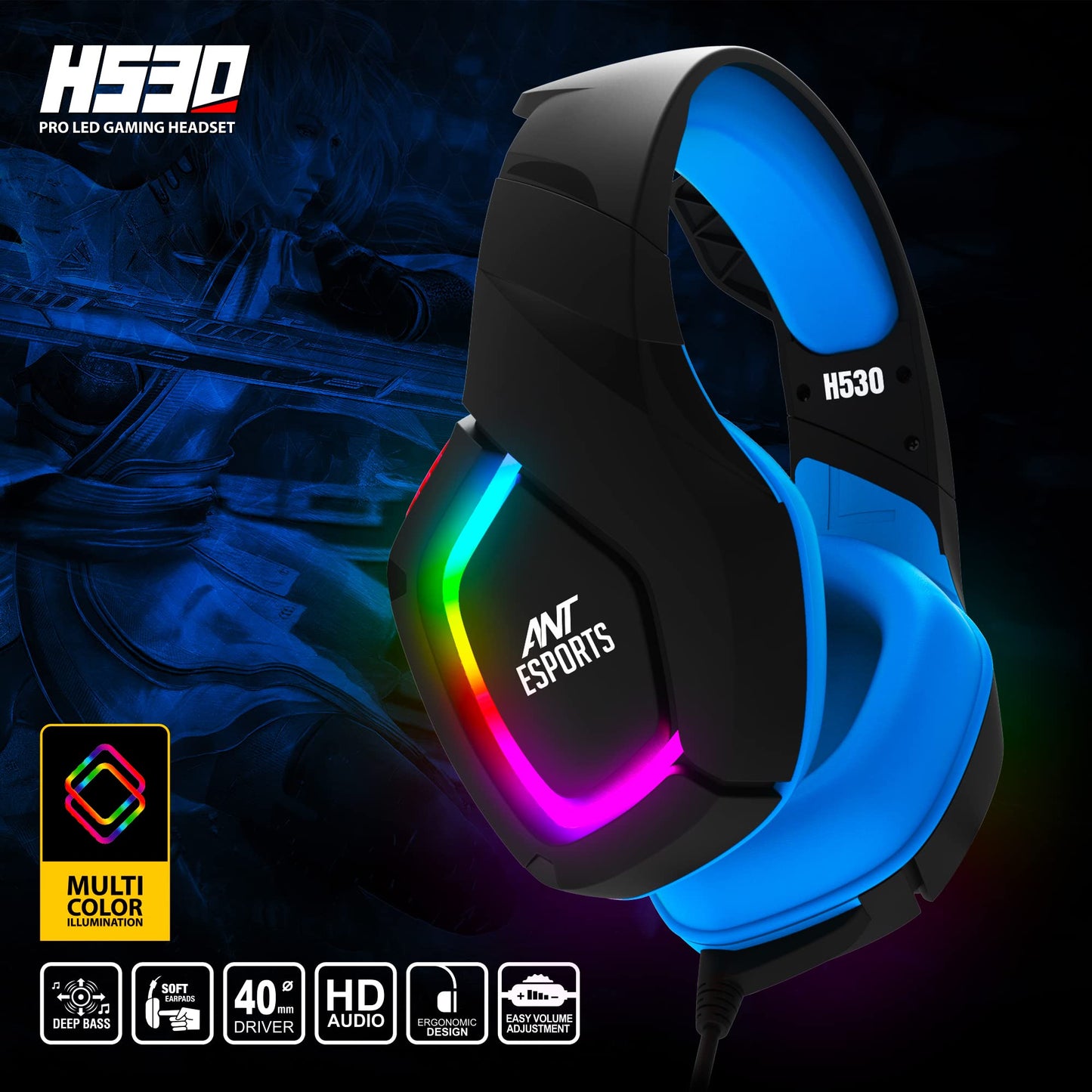 (Open Box) Ant Esports H530 Multi-Platform Pro RGB Gaming Headsetfor PC / PS4 / PS5 / Xbox One / Switch1 with mic, Black Blue