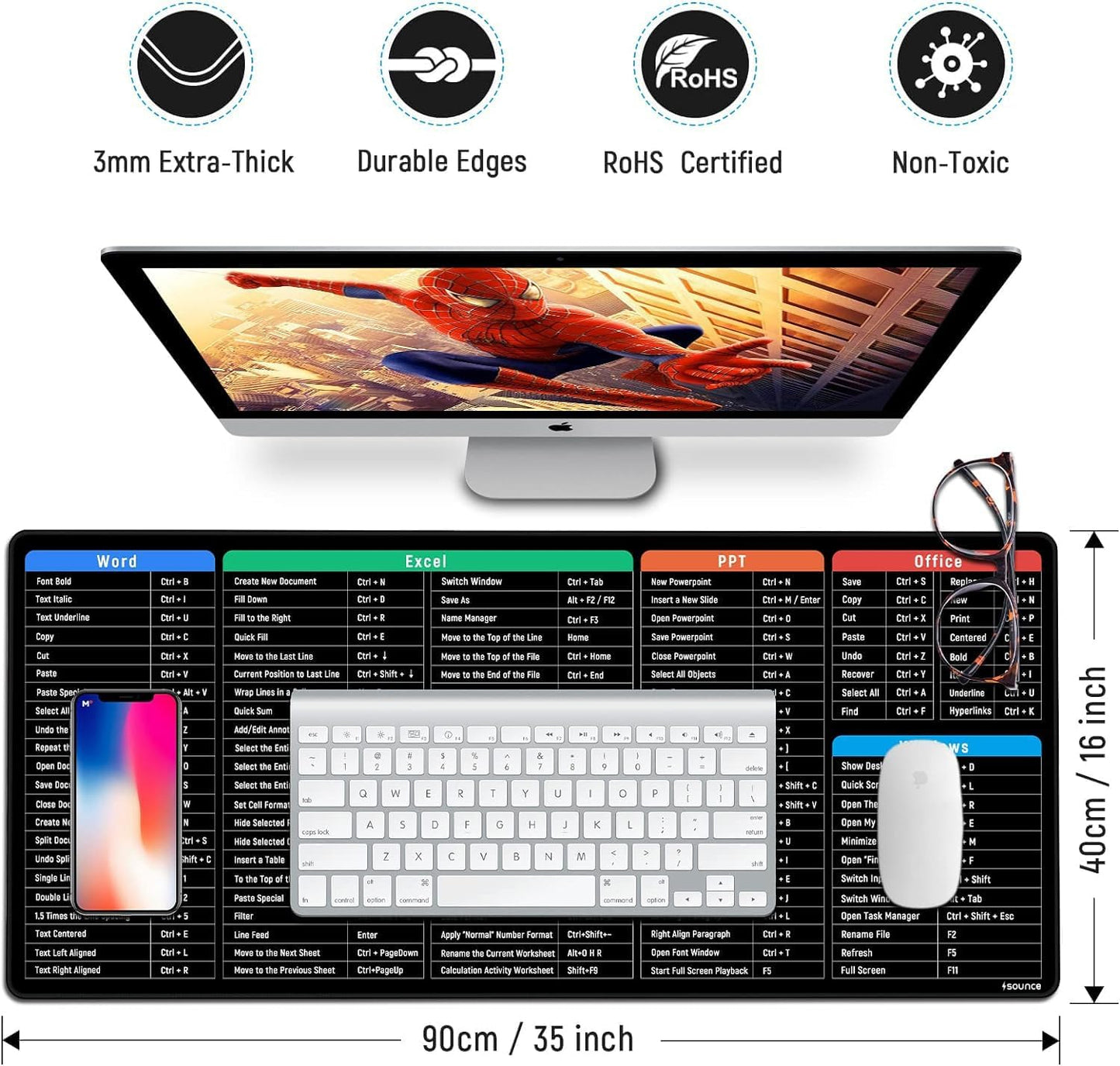 (Open Box) Sounce Mouse Pad Advanced Formula Rubber Extended Gaming Mouse Pad with Smooth Mouse Control Mercerized Surface Anti-fray Edges and Anti Slip Rubber Base Dimensions 800L x 300B x 2H mm (Black)