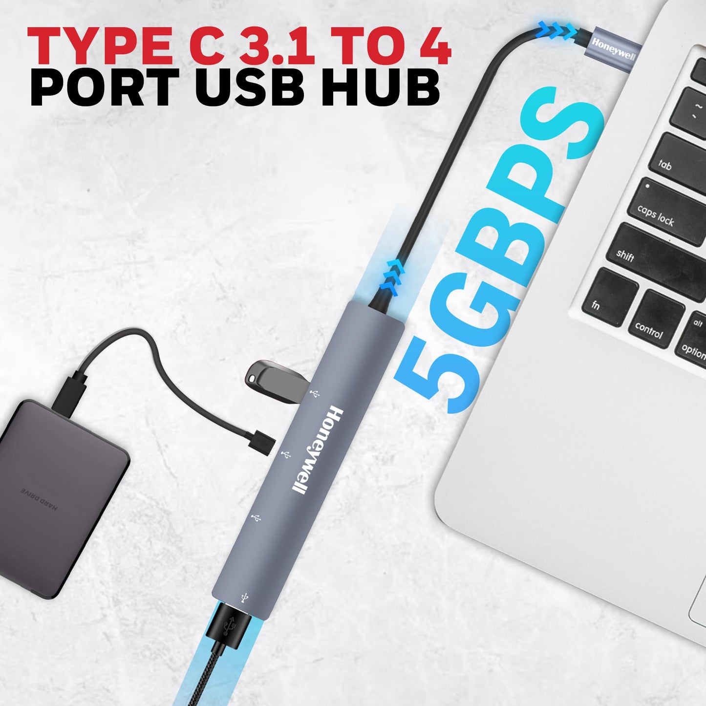 (Open Box) Honeywell Newly Launched 4in1 Ultra Slim Multiport Type C Hub to 1xUSB 3.0 & 3xUSB 2.0 Ports,30cms(1 feet) Cable,DataTransfer Speed Upto 5GBPS,Universally Compatible with All USB,PC,Speaker,Laptop