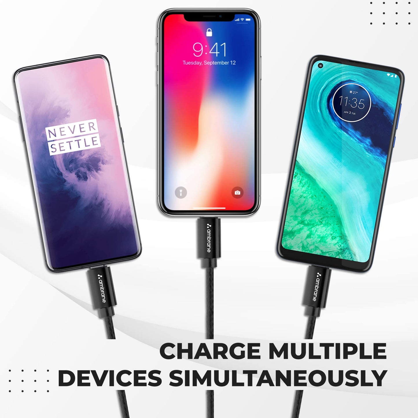 (Open Box) Ambrane Unbreakable 3 in 1 USB Fast Charging Cable with Type C, Lightning, Micro USB Port with 2.1 A, Compatible with iPhone, iPad, Samsung, OnePlus, Mi, Oppo, Vivo, Xiaomi, 1.25M (Trio-11, Black)