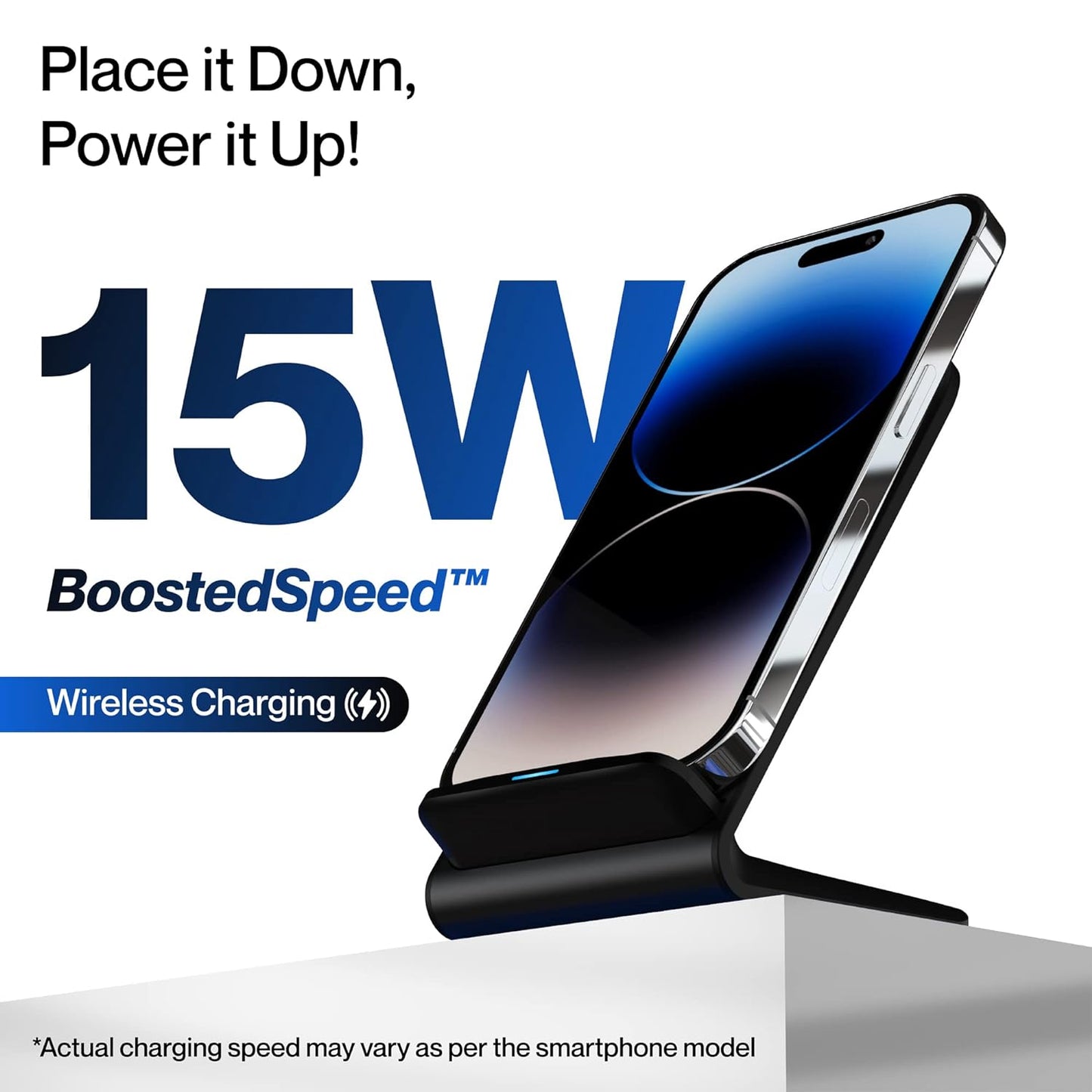 (Open Box) Ambrane 15W Wireless Charging Stand for iPhone 14/13/12 Series, Galaxy S23/S22/S21/S20/Note20 Series, OnePlus 9/9 Pro, Apple Watch & Other Qi Devices (Powerpod, Black)