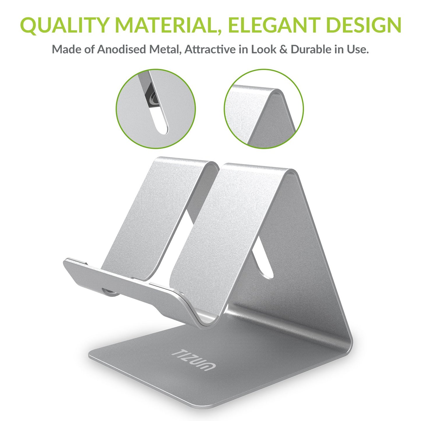(Open Box) Tizum Aluminium Portable Stand with Convenient Charging Port Design for All Smartphone Mobile Holder - Silver