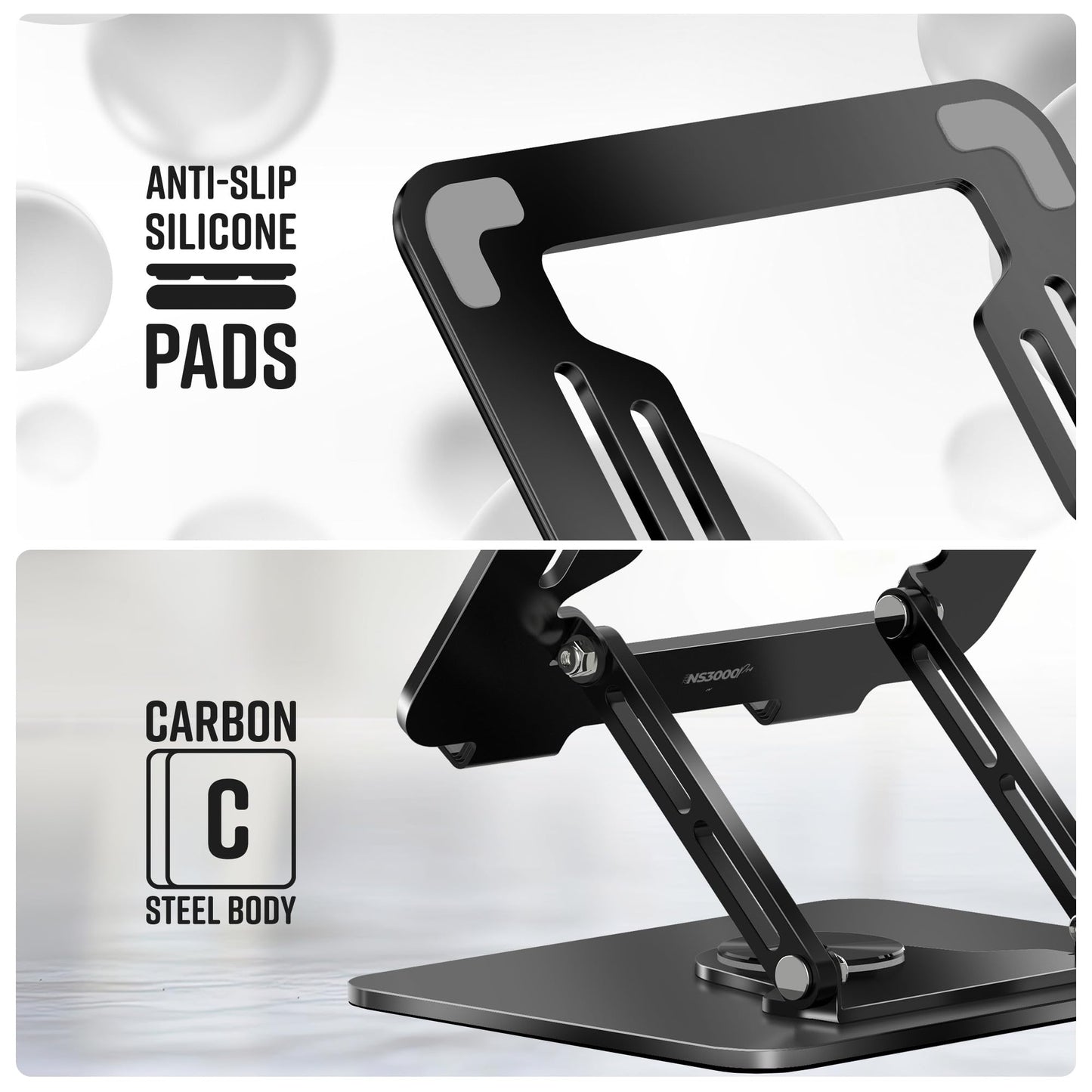(OPEN BOX0)Zebronics NS3000 Portable Laptop & Tablet Stand Supports Upto 17” with Max. 5KG Support, Anti-Slip Silicone Pads, Foldable Design, Multi Angle Adjustment, Carbon Steel Body