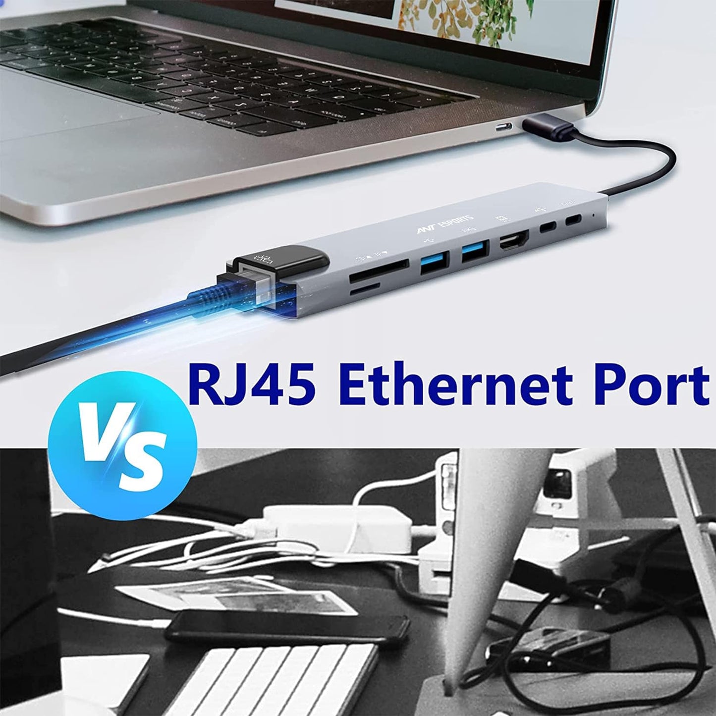 (Open Box) Ant Esports AEC810 8-in-1 USB C HUB HDMI Adapter, Type C Ethernet Card Reader,1*USB 3.0 Ports, 1*USB 2.0 Ports,Ethernet Port, SD/TF Card Slots, Compatible with Windows, Apple, Linux, Android – Grey