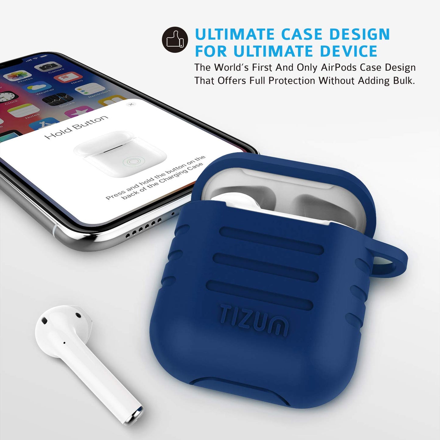 (Open Box) tizum Apple AirPods Case, Silicone-Shockproof Headphones Case Cover with Carabiner Hook for AirPod (Blue)