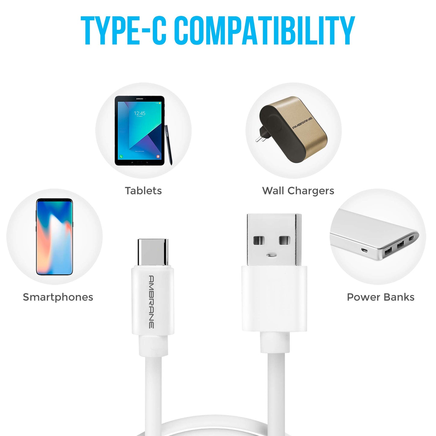 (Open Box) Ambrane ACT-2 2.4A Type C to USB A Fast Charging Cable for Type C Mobiles (2 Meter, 6.6 Feet) (White)