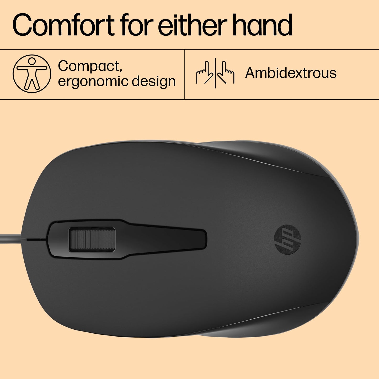 (Open Box)HP 150 Wired Mouse- Elegant Ergonomic Design, 1600 DPI Optical Tracking, USB Plug & Play / 3 Years Warranty (240J6AA), Black