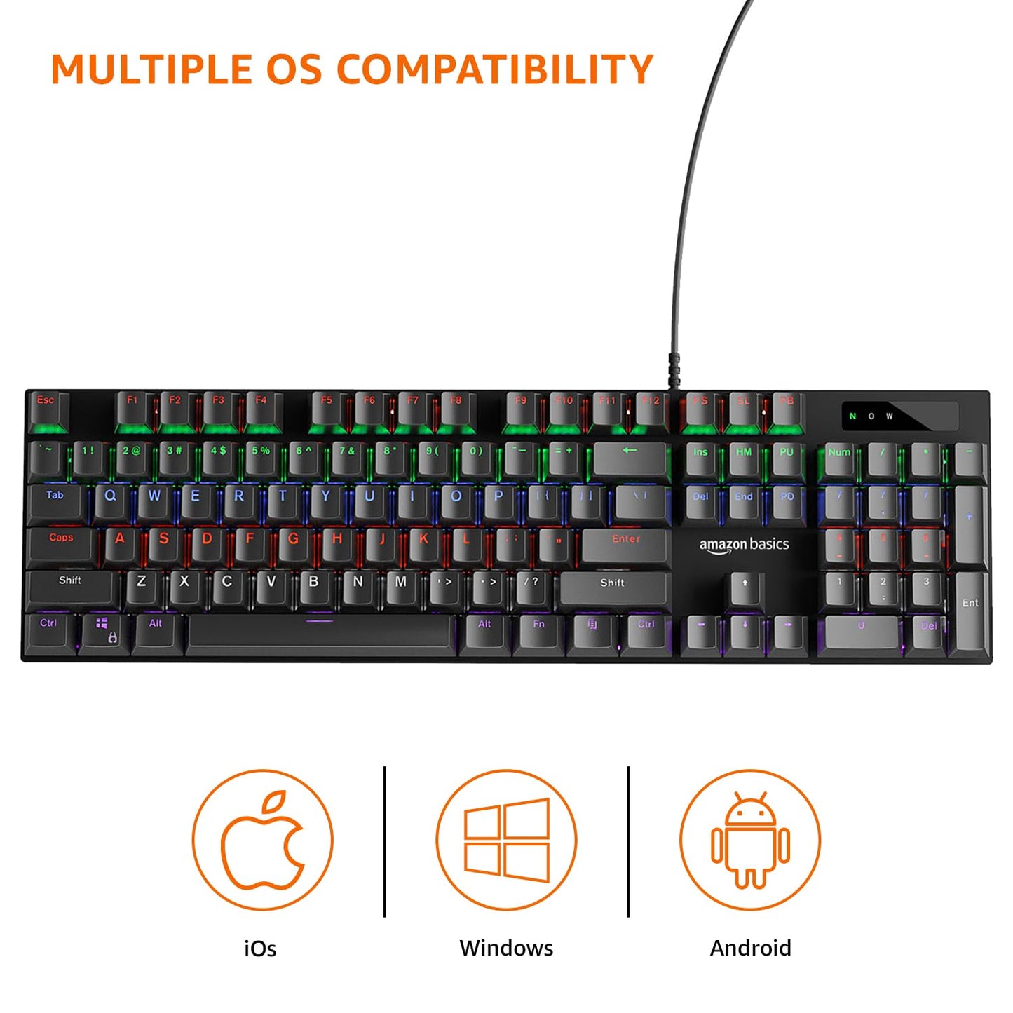 (Open Box) Amazon Basics USB Gaming Keyboard with Multicolour LED Effect | 12 Multimedia Keys |4 LED Modes