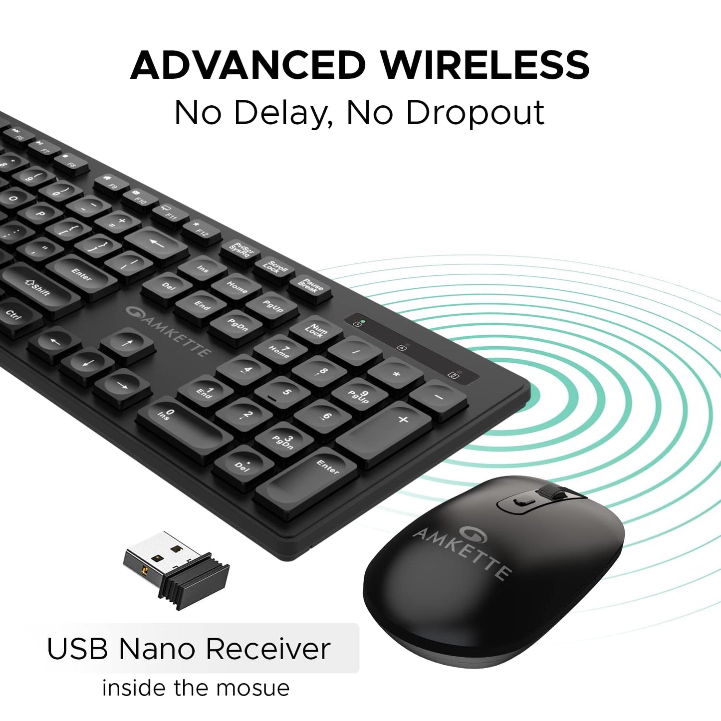 (Open Box) Amkette Primus Neo 2.4 Ghz Advanced Wireless Keyboard and Mouse Set | Intelligent Auto Sleep Function | Space Saving and Ergonomic | Mouse On/Off Switch | 3 DPI Settings | USB Nano Receiver (Black)