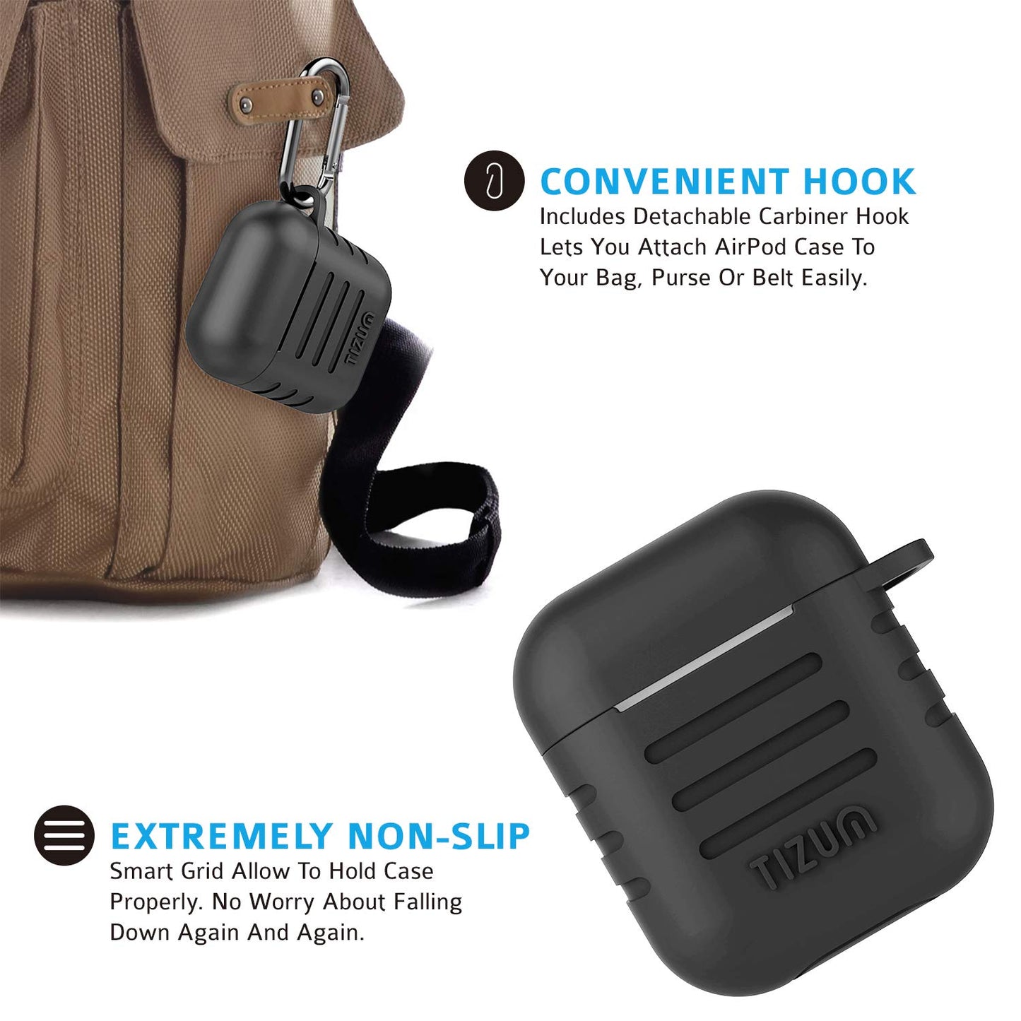 (Open Box) Tizum Apple AirPods Case Silicone-Shockproof Case Cover with Carabiner Hook for AirPod 2 | Black
