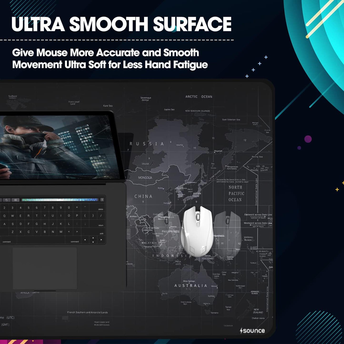 (Open Box) Sounce Mouse Pad Advanced Formula Rubber Extended Gaming Mouse Pad with Smooth Mouse Control Mercerized Surface Anti-fray Edges and Anti Slip Rubber Base Dimensions 800L x 300B x 2H mm (Black)
