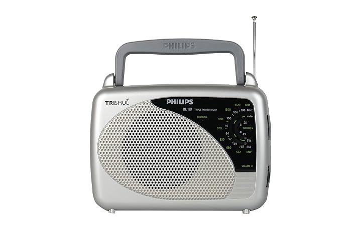 (Open Box) Philips Radio RL118/94 with MW/SW/FM Bands, 200mW RMS soundoutput,3-1 Power Source External Battery:2xR6 (3V DC), Mains: 230V AC/ 50 Hz, Built in Rechargeable Battery