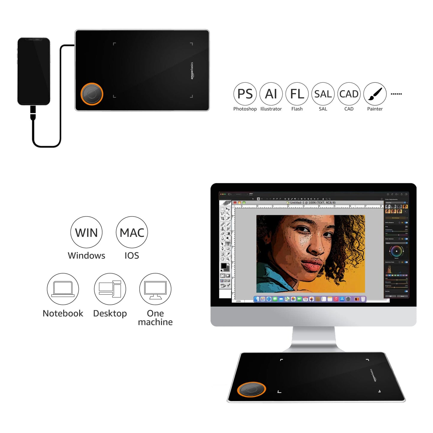 (Open Box) AmazonBasics Professional 5.1 X 3.5 inches Graphics Drawing Tablet 8192 Levels Digital Drawing Tablet with Pen Multifunctional Ultralight Graphic Tablet