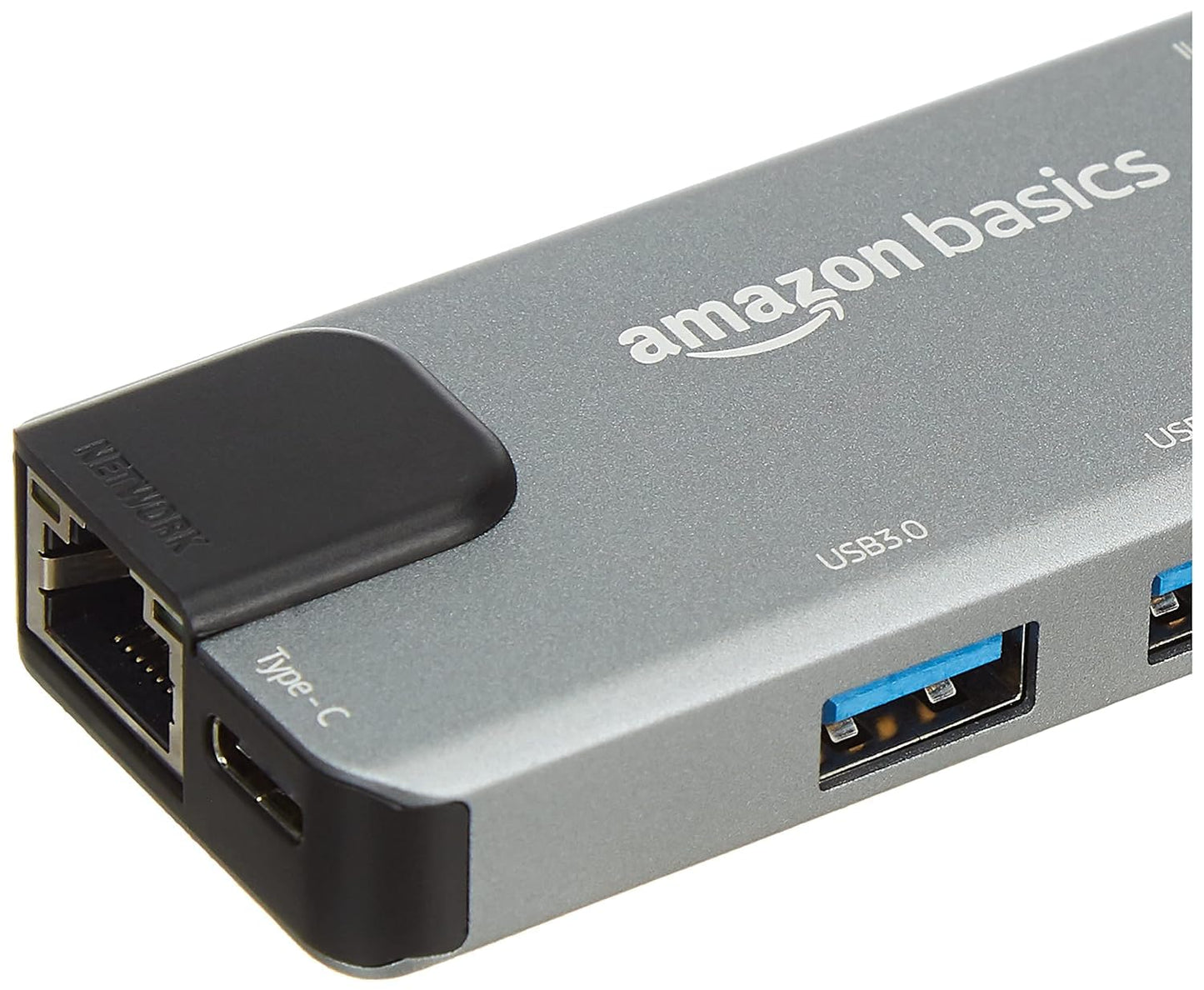(Open Box) Amazon Basics 4 Port Superspeed USB 3.0 Hub with Charging Function and 15 CM Built-in Cable (Grey)