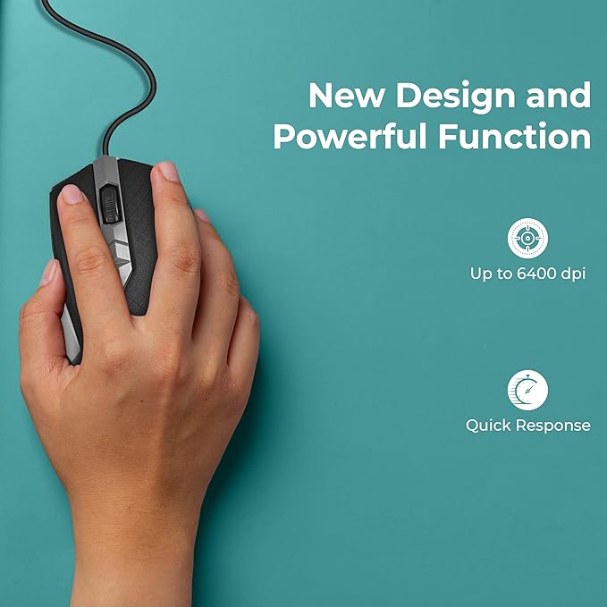 (Open Box) Foxin  Wired Plug & Play USB Mouse, High Resolution 6400 Dpi Optical Sensor, Clickable Scroll Wheel, Quick Response Ergonomic Mouse for Comfortable All-Day Grip for Pc/Laptop