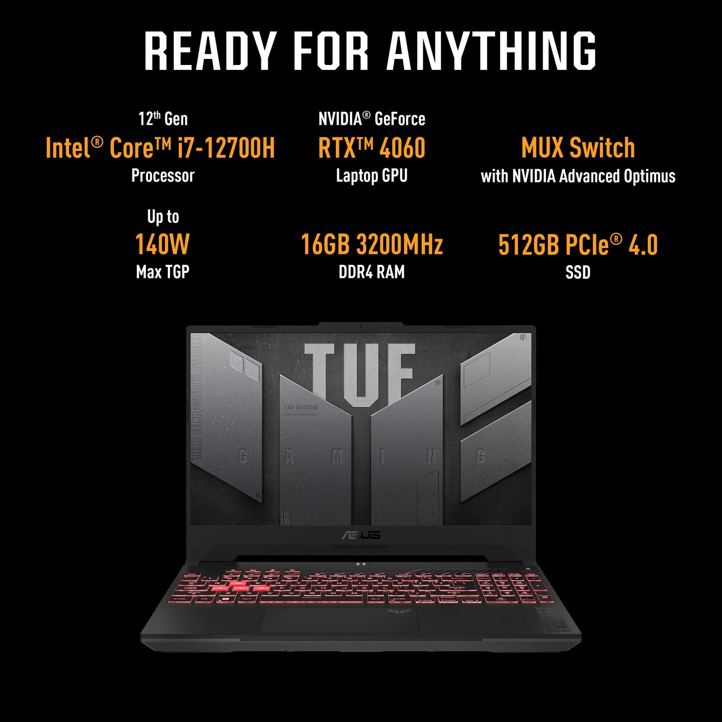 (Brand Refurbished)ASUS TUF Gaming F15 (2023) Gaming Laptop, 90WHr Battery, Intel Core i7-12700H 12th Gen, 15.6" FHD 144Hz, 8GB RTX 4060, (16GB RAM/512GB SSD/Windows 11//1-Zone RGB/Gray/2.20 Kg), FX507ZV-LP094W