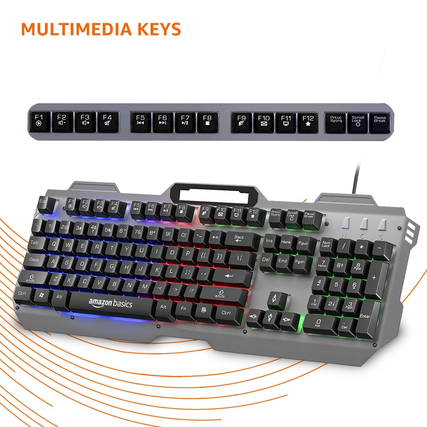 (Open Box) Amazon Basics USB Gaming Keyboard with Multicolour LED Effect | 12 Multimedia Keys |4 LED Modes