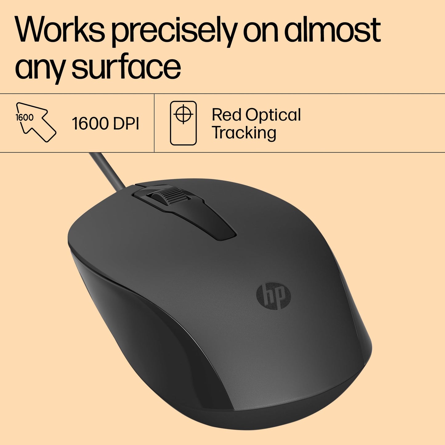 (Open Box)HP 150 Wired Mouse- Elegant Ergonomic Design, 1600 DPI Optical Tracking, USB Plug & Play / 3 Years Warranty (240J6AA), Black