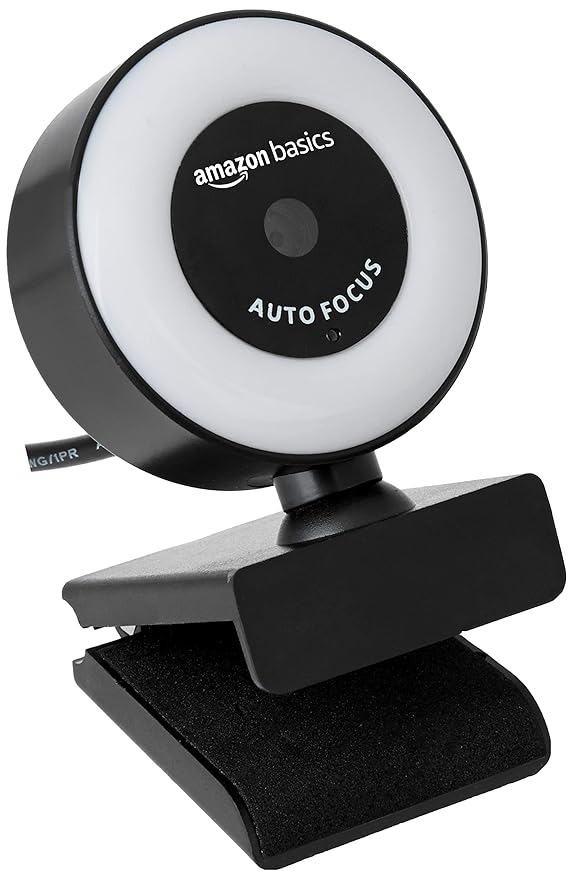 (Open Box) Amazon Basics Auto Focus Full HD 1080P 2.1 Megapixel 30 FPS Ring Light Web Camera with Built-in Mic for PC/Mac/Laptop Video Calling (Black)