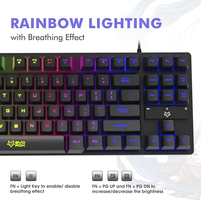 (Open Box) EvoFox Fireblade Wired TKL Gaming Keyboard with Breathing Effect |Backlit Keyboard Membrane | Mixed Color Lighting | Floating Keycaps |19 Anti-Ghosting Keys | Windows Lock Key | Braided cable |(Black)