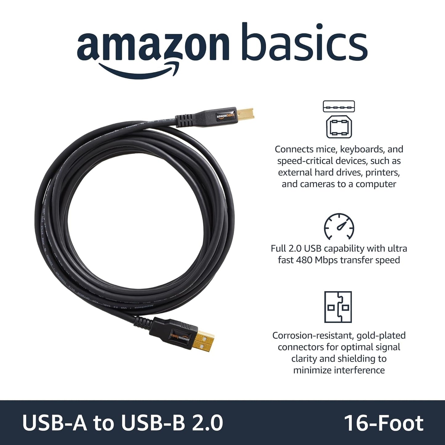(OPEN BOX)amazon basics Usb 2.0 Cable - A-Male To B-Male For Personal Computer,Printer - 16 Feet (4.8 Meters,Black)