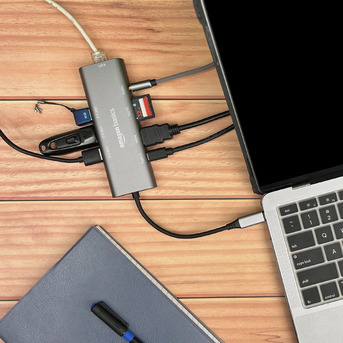 (Open Box) Amazon Basics USB-C Hub Dock 8-in-1 HDCP Aluminium Type-C Adapter with 4K HDMI Port, Ethernet 100mbps Port, USB 3.0 Port, USB-C Power Delivery, TF/SD Card Reader, Mac & Windows USB-C Devices