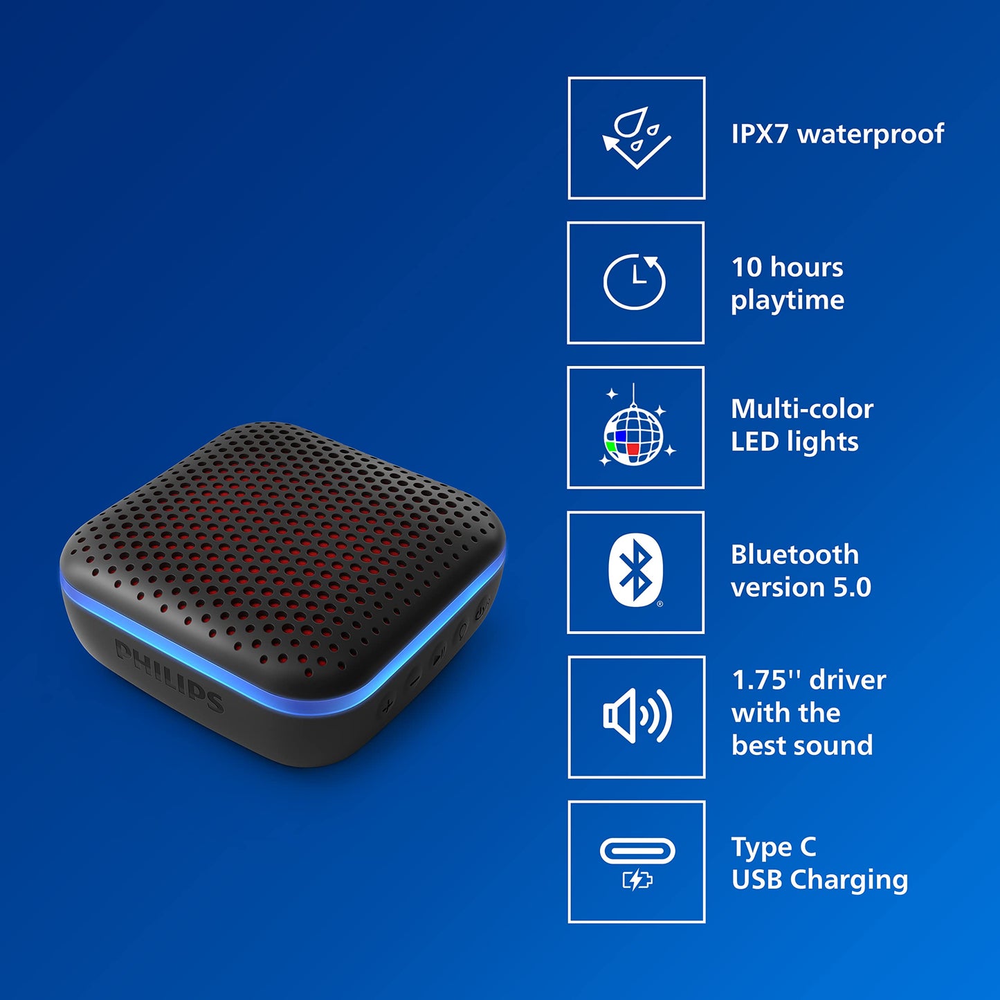 (Open Box) Philips Audio Bluetooth Speaker TAS2505B, 6W with LED Lights (Built-in Microphone, Durable and IPX7 Waterproof, 10 Hours’ Playback Time, 20-m Range) Black