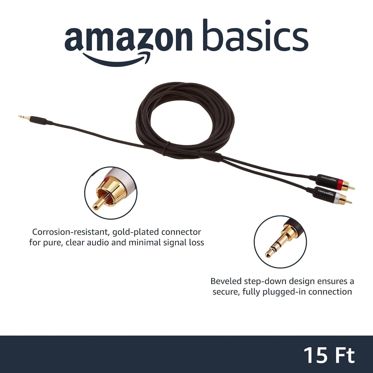 (Open Box) amazon basics 3.5Mm To 2-Male Rca Adapter Cable For Tablet, Smartphone (Black, 15 Feet)