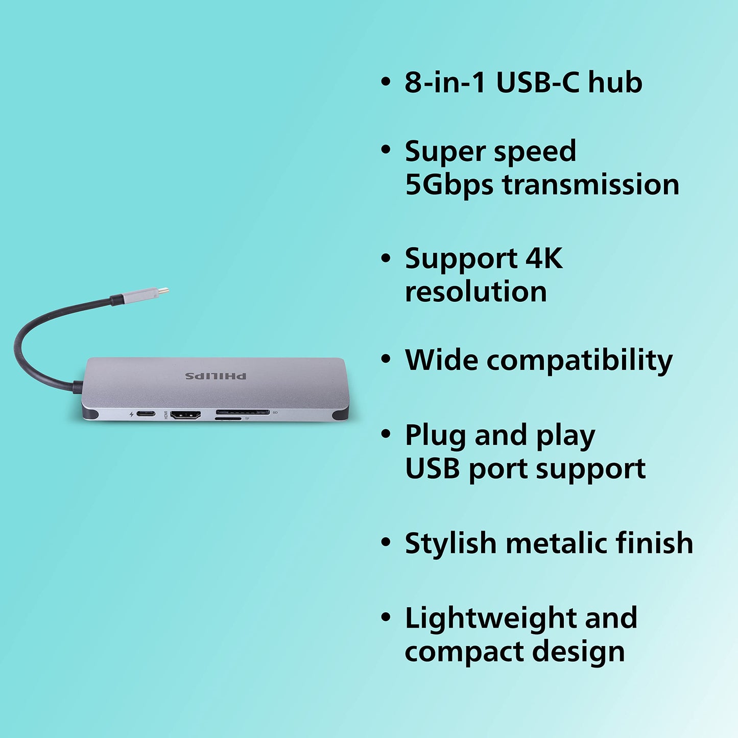 (Open Box) PHILIPS 7 in 1 USB Type C to HDMI 4K 30Hz + 3 x USB A + PD (max 60W) + Micro SD Card Slot + SD Card Slot Dock Adapter for MacBook, Windows OS, iPad, Chromebook, Surface, Android Type C Port Devices