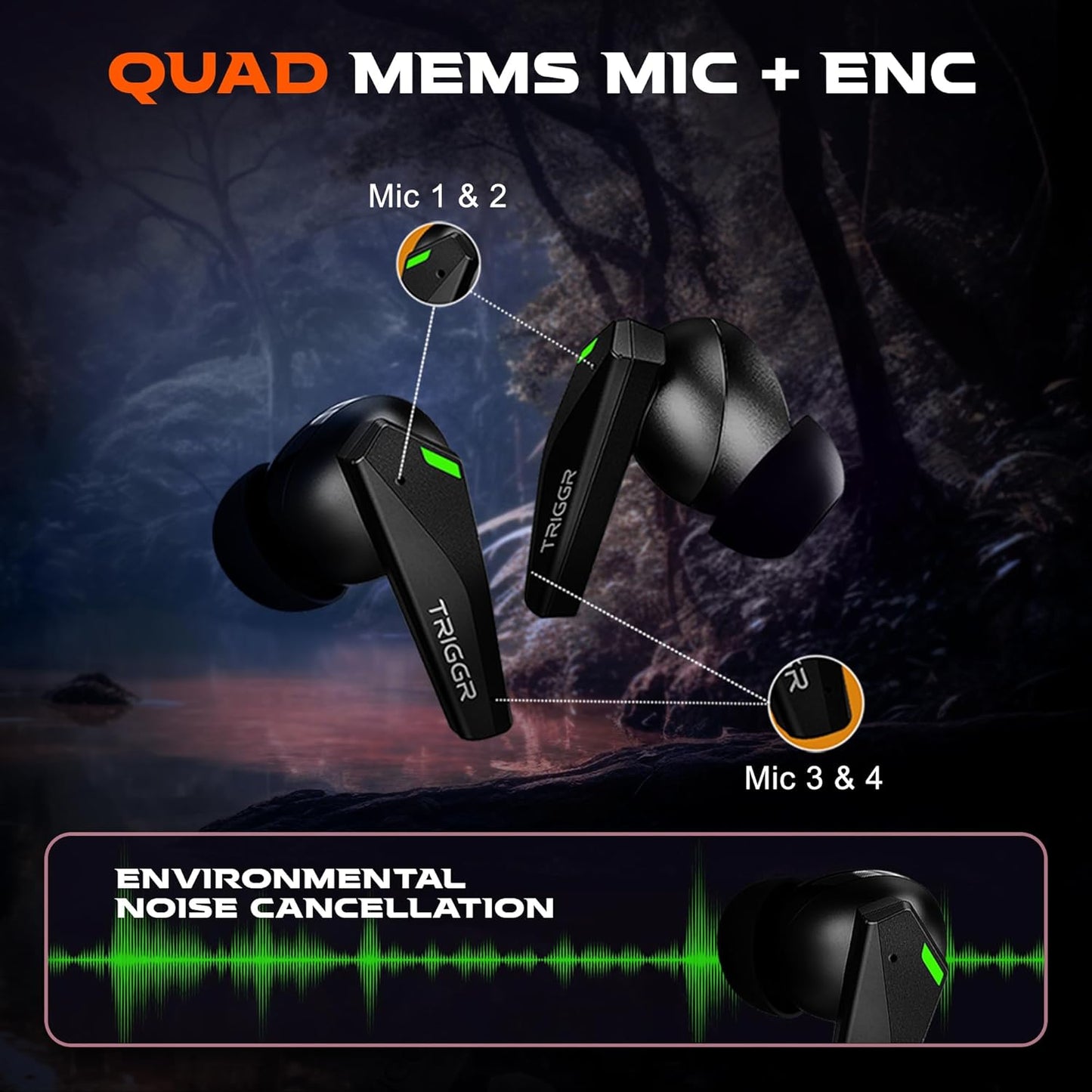 (OPEN BOX) TRIGGR Kraken X1 with Battery Display, 40ms Latency, Quad Mic ENC, 40 Hr Battery, v5.3 Bluetooth Headset (Black, True Wireless)