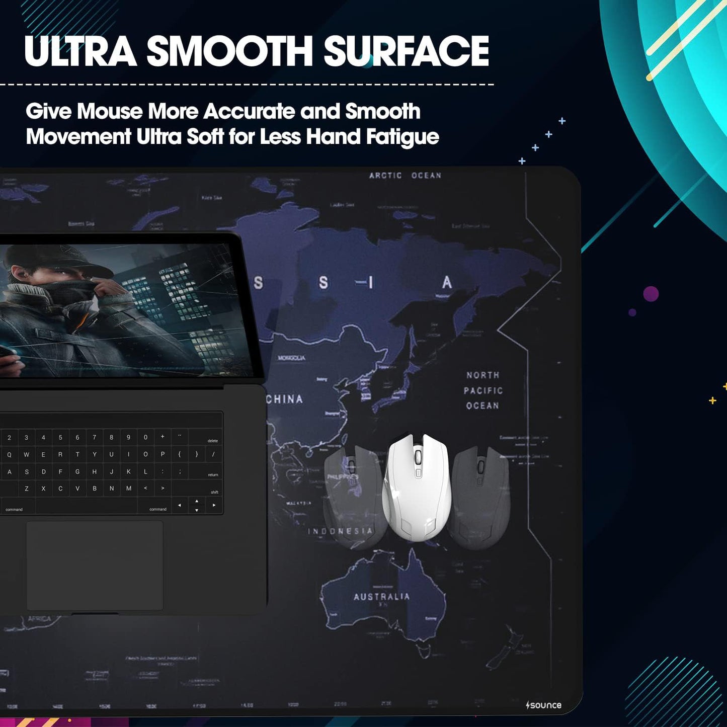 (Open Box) Sounce Mouse Pad Advanced Formula Rubber Extended Gaming Mouse Pad with Smooth Mouse Control Mercerized Surface Anti-fray Edges and Anti Slip Rubber Base Dimensions 800L x 300B x 2H mm (Black)