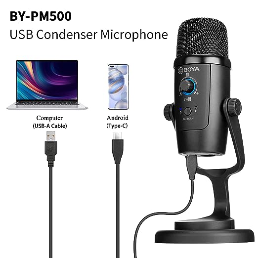 (Open Box) Boya BY-PM500 USB Microphone Compatible with C-Type Smartphones, Computers with USB Port. for Youtubers, Music Creators, Podcasters