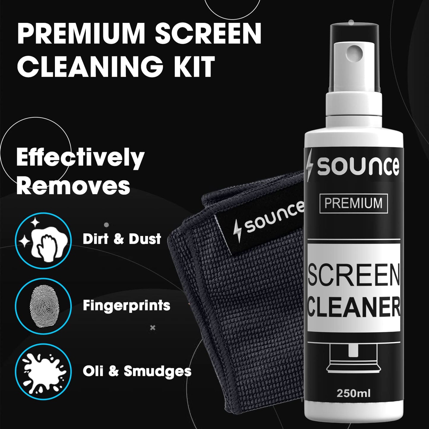 (open box)Sounce 2-in-1 Professional Screen Cleaning Kit Non-Toxic, Anti-Static for Camera, Lens, Binocular, Laptop, TV, Monitor, Smartphone, Tablet (Includes: Cleaning Liquid 500ml, Plush Microfiber Cloth)