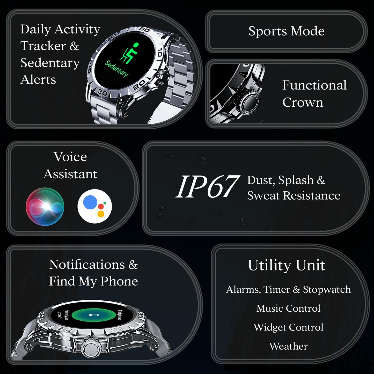(Open Box) boAt Enigma Z30 w/ 1.39" (3.5 cm) HD Display, Bluetooth Calling,Luxurious Metal Body, HR&SpO2Monitoring, Functional Crown, Widget Control, 100+ Cloud Watch Faces, IP67(Classic Silver)