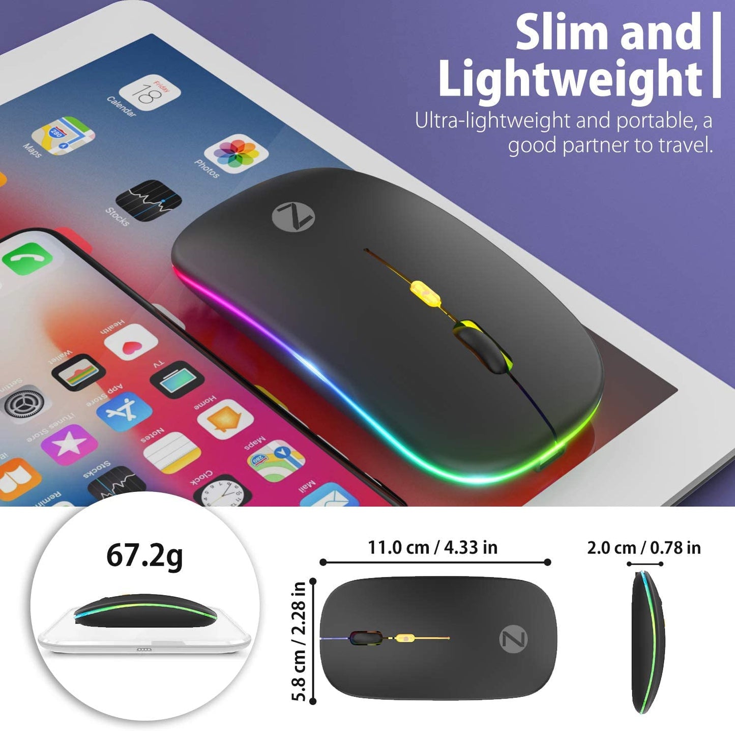 (Open Box) Zoook Blade Wireless Mouse -Rechargeable 7 Colour mice/ RGB Breathing Lights/ 3 DPI Levels/ Auto Shut Down/ Silent Click Technology/ 600 Mah Battery/ Light Weight/ Plug and Play (Black)