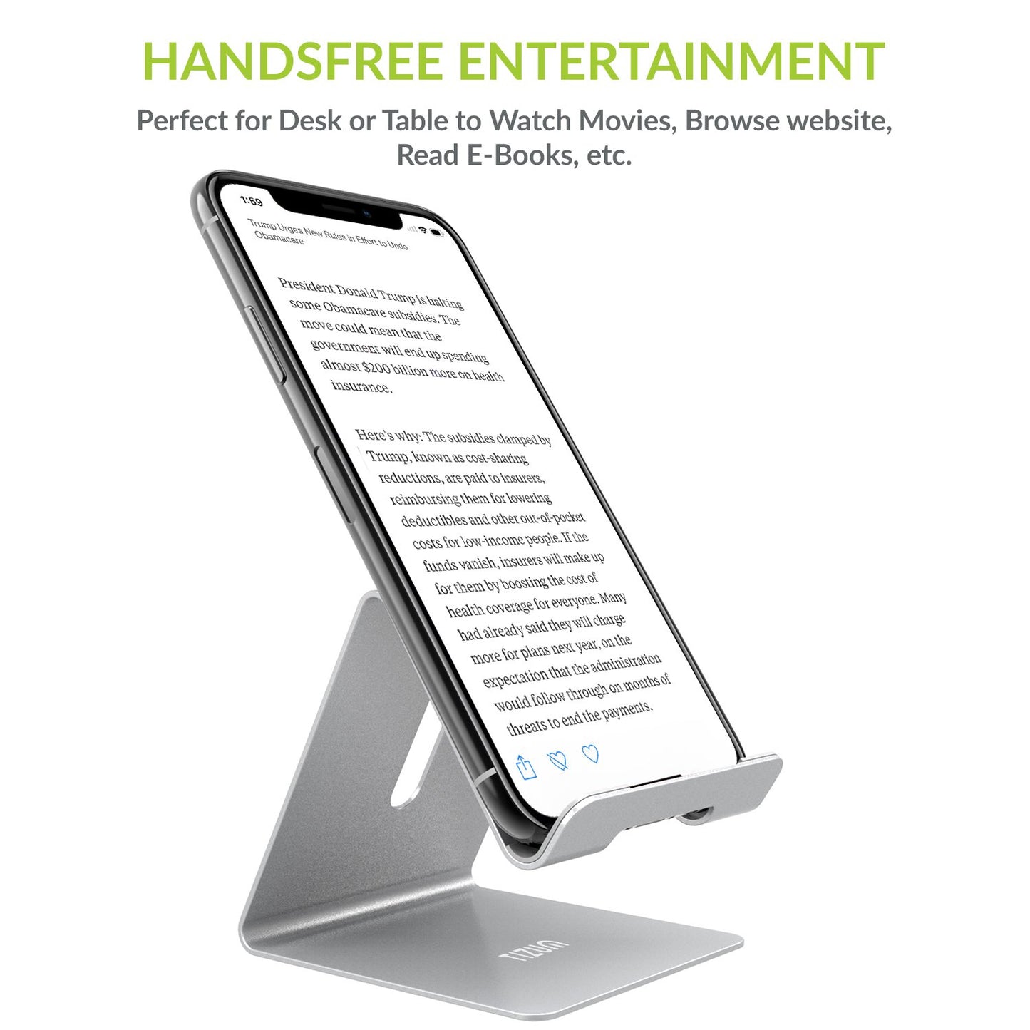 (Open Box) Tizum Aluminium Portable Stand with Convenient Charging Port Design for All Smartphone Mobile Holder - Silver
