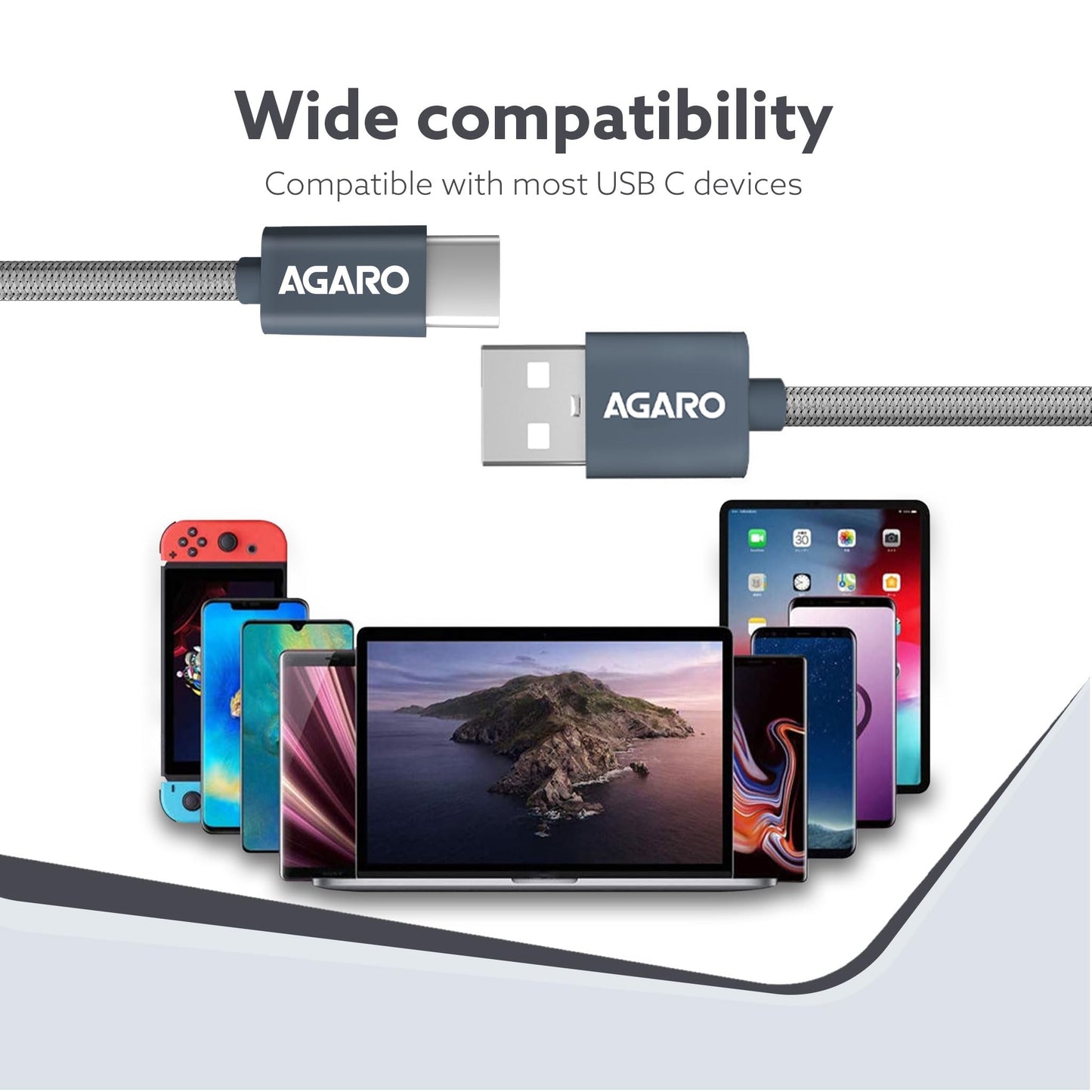 (Open Box) AGARO USB A to Type C Cable 1 Meter / 3.2 Ft Nylon Braided Cable, Fast Charge, Power Delivery Charging Cord, Compatible with Most Type C Smartphone Devices - Grey.