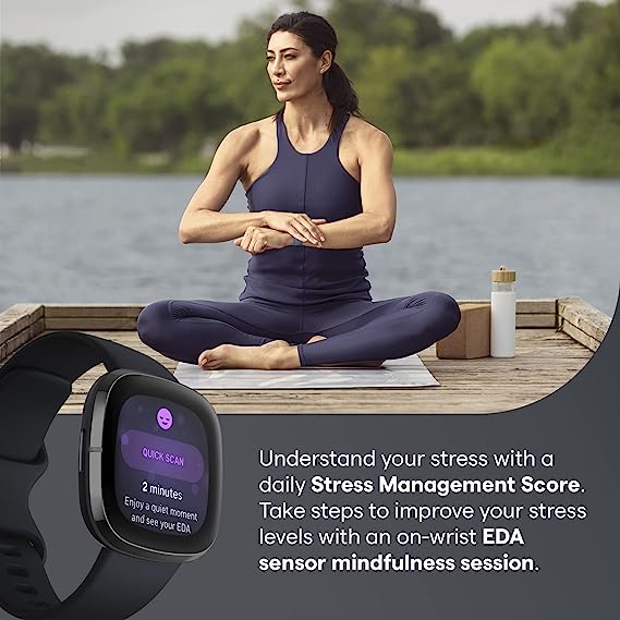(Open Box) Fitbit Sense Advanced Smartwatch with Tools for Heart Health, Stress Management & Skin Temperature Trends, Alexa Built-in, Carbon/Graphite, One Size S & L Bands