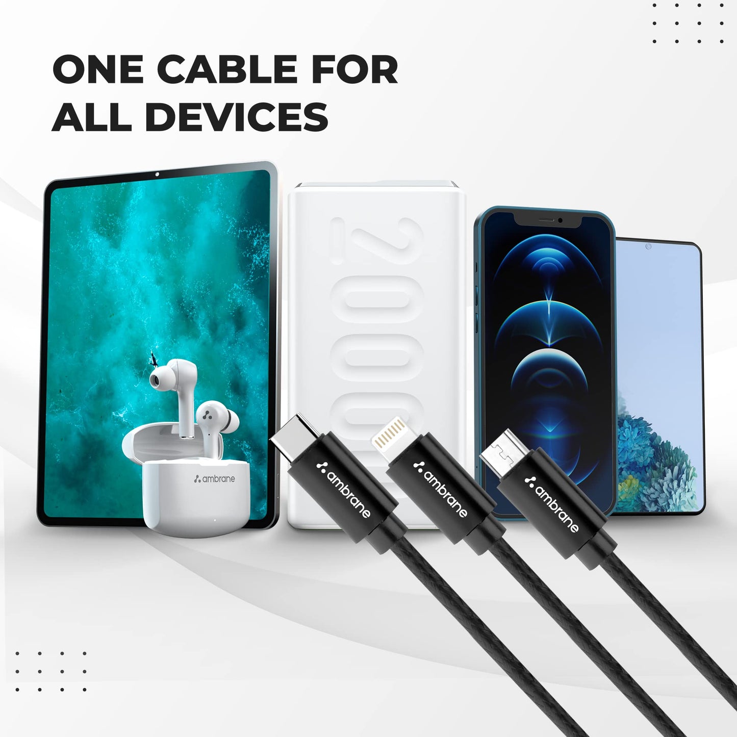 (Open Box) Ambrane Unbreakable 3 in 1 USB Fast Charging Cable with Type C, Lightning, Micro USB Port with 2.1 A, Compatible with iPhone, iPad, Samsung, OnePlus, Mi, Oppo, Vivo, Xiaomi, 1.25M (Trio-11, Black)