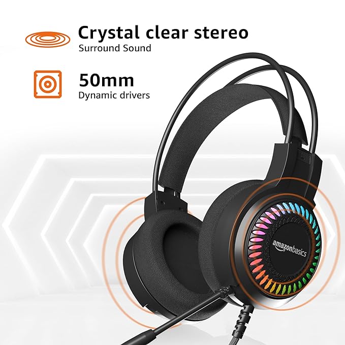 (Open Box) Amazon Basics Wired Over Ear Gaming Headphone with Mic for PC | 50mm Drivers | with 2m Cable (Black)