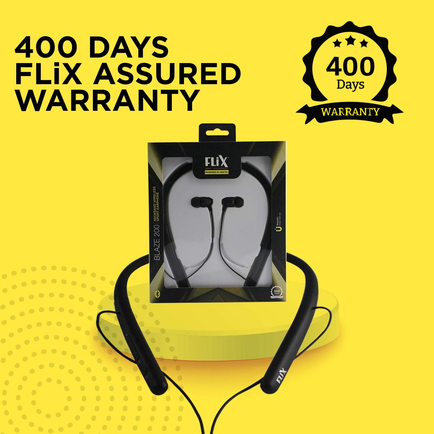 (Open Box) FLiX (Beetel Blaze 200 Wireless Bluetooth in Ear Collar Neckband Earphones with mic and Vibration Alert,Extra Thumping Super Bass,Upto 200H Stand by, Premium Metal Magnetic Tips (Black)(XNB-N105)